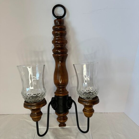 Homco Vtg Dark Wood Double Candelabra Sconce w/2 Clear Crystal Glass Pattern - Picture 1 of 9